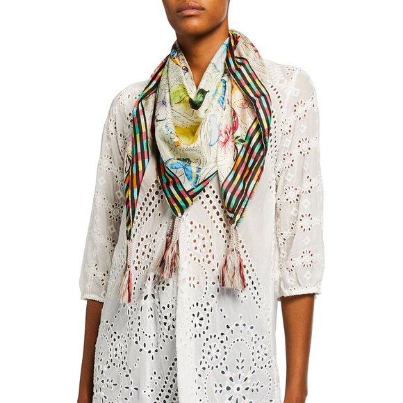 Johnny Was Mitchie Butterfly Silk Scarf Square Large Floral Tassels White NEW - Picture 3 of 7